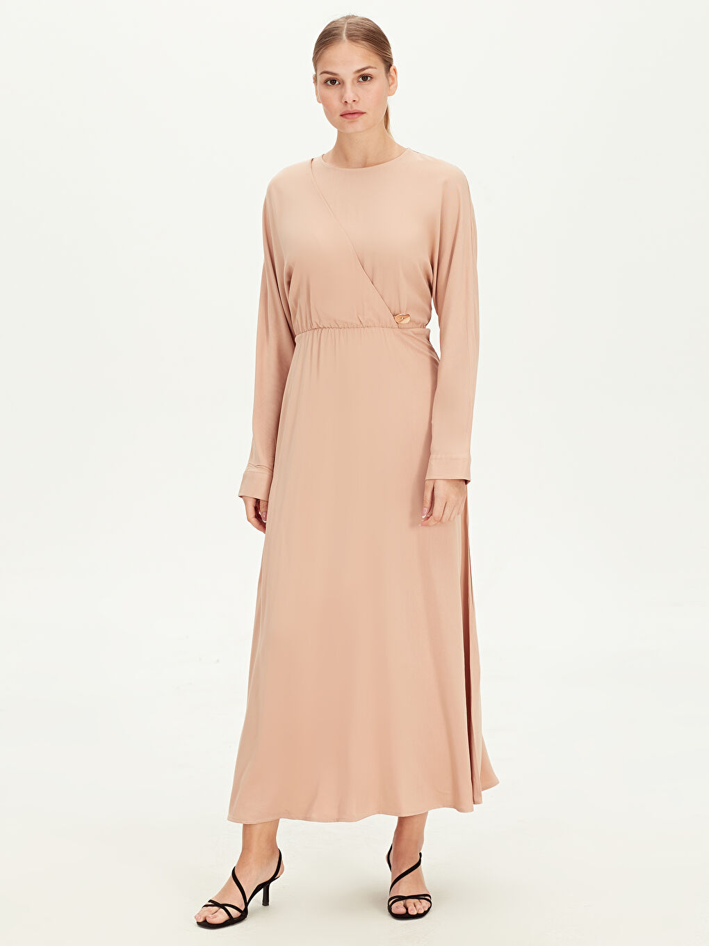 Bej Bisiklet Yaka Uzun Kollu Poplin Kadın Elbise-1