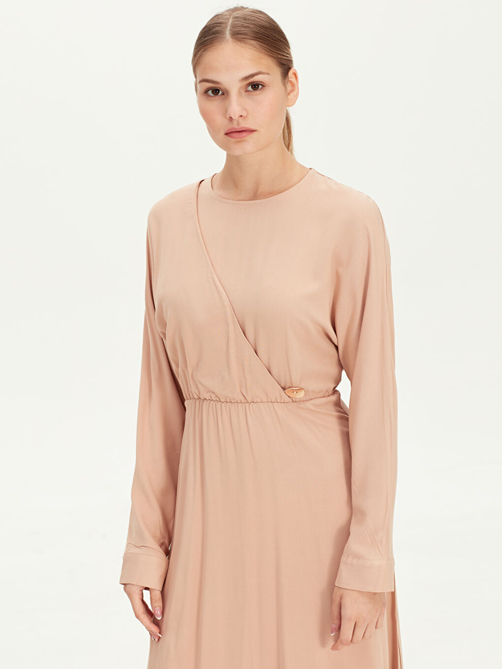 Bej Bisiklet Yaka Uzun Kollu Poplin Kadın Elbise-2