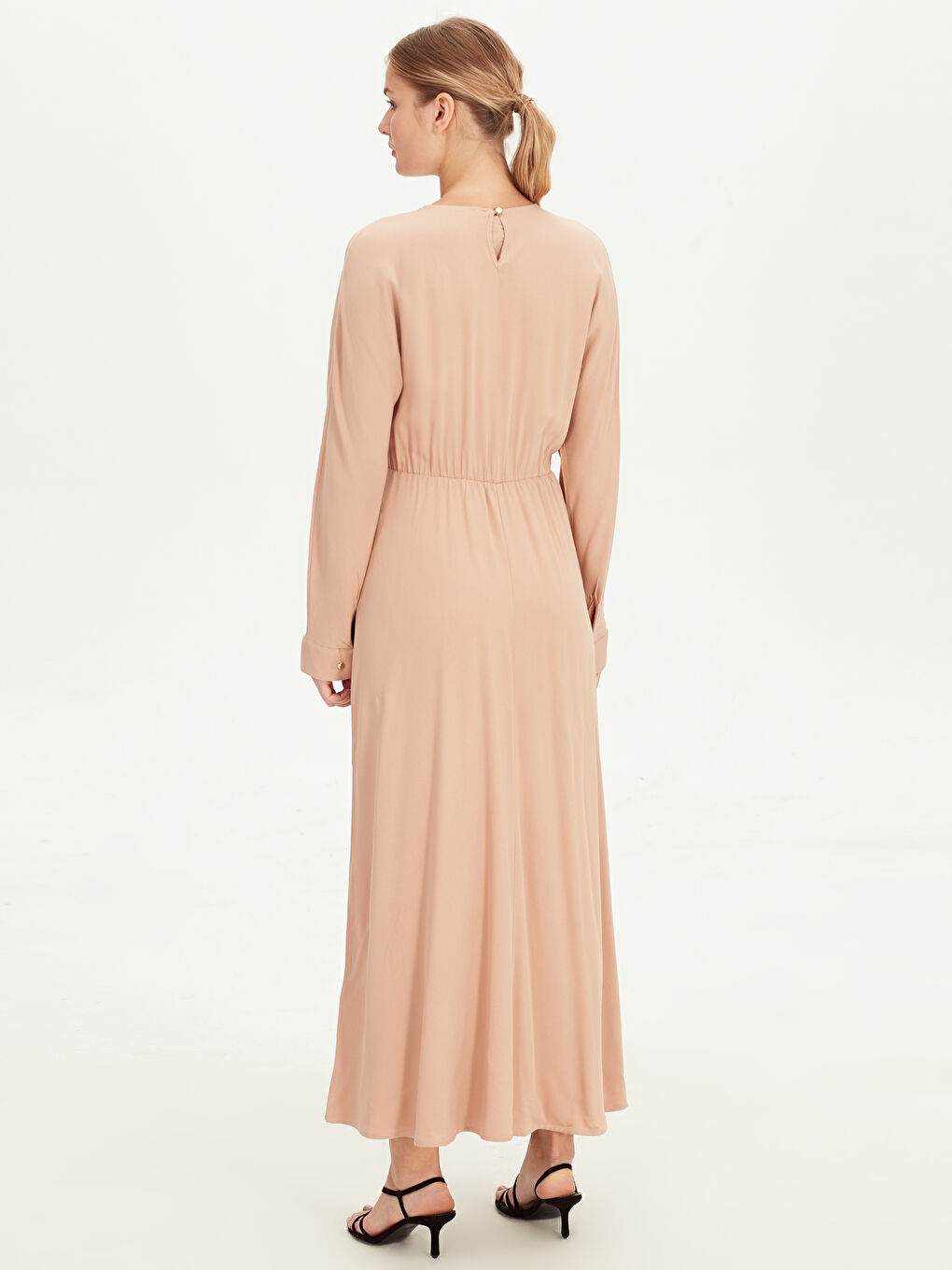Bej Bisiklet Yaka Uzun Kollu Poplin Kadın Elbise-3