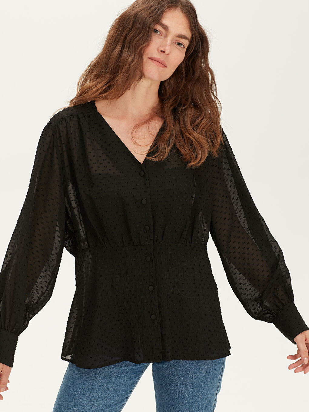 Siyah Balon Kol Uzun Kollu Kadın Şifon Gömlek