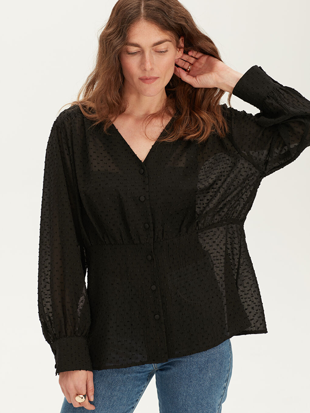 Siyah Balon Kol Uzun Kollu Kadın Şifon Gömlek-1