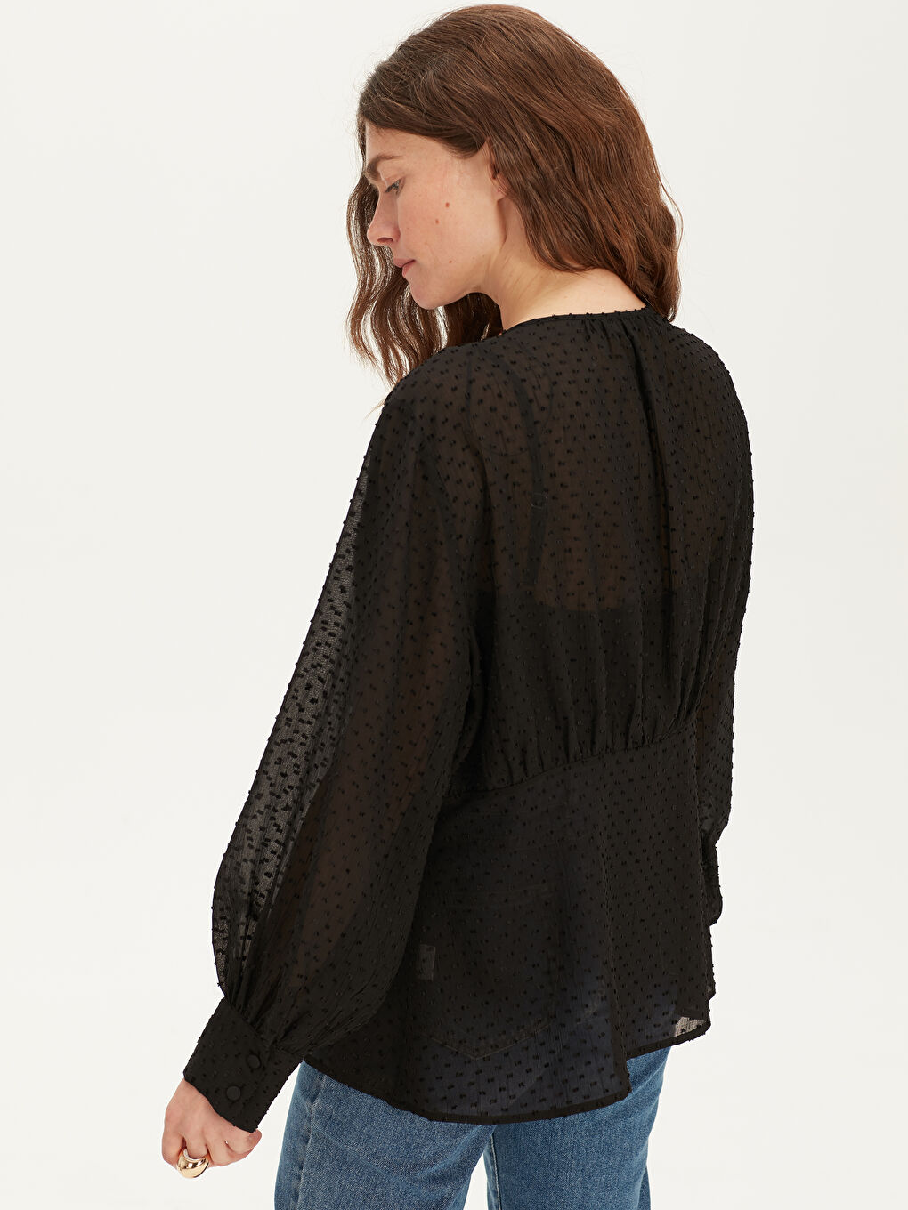 Siyah Balon Kol Uzun Kollu Kadın Şifon Gömlek-2