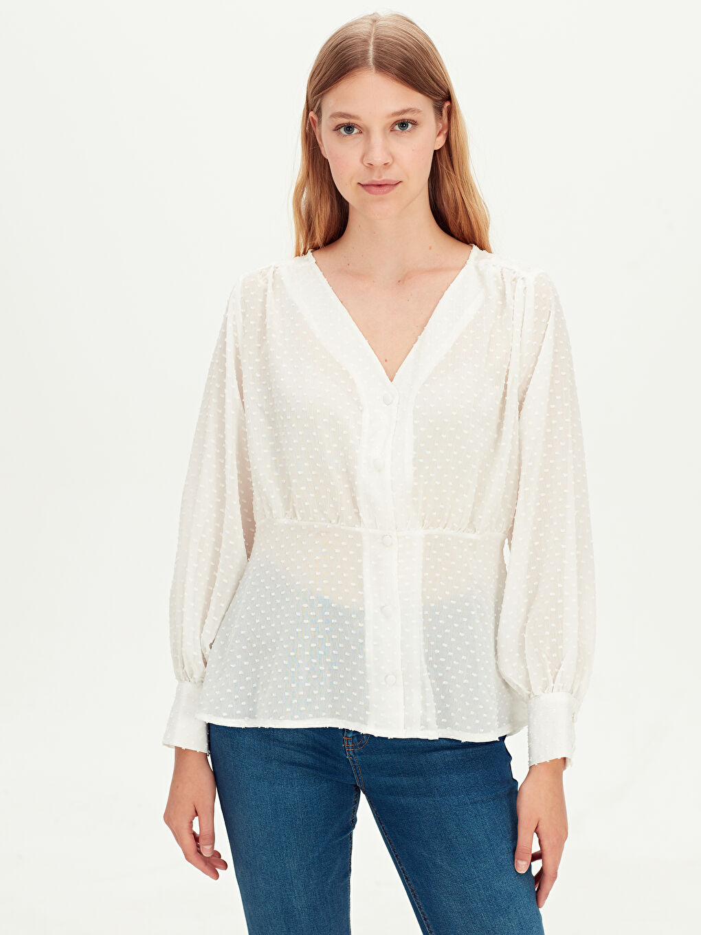 Beyaz Balon Kol Şifon Gömlek