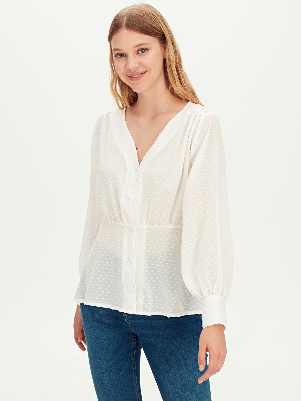 Beyaz Balon Kol Şifon Gömlek-1