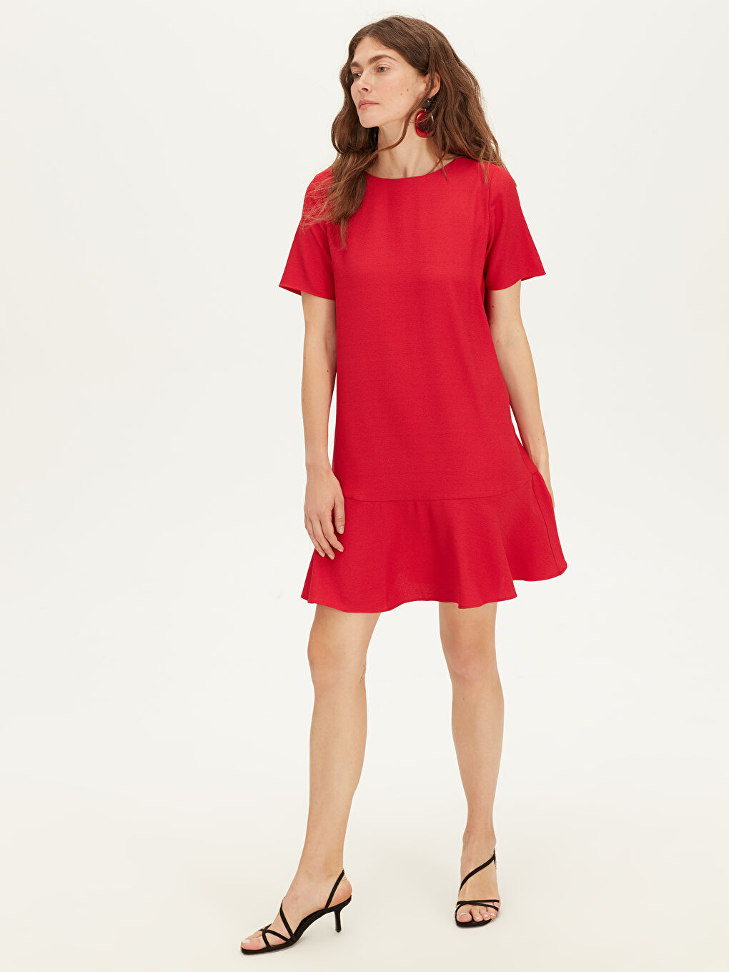 Әйелдерге арналған қиғаш мойын стандартты пішім қысқа жең өрнексіз креп көйлек-2