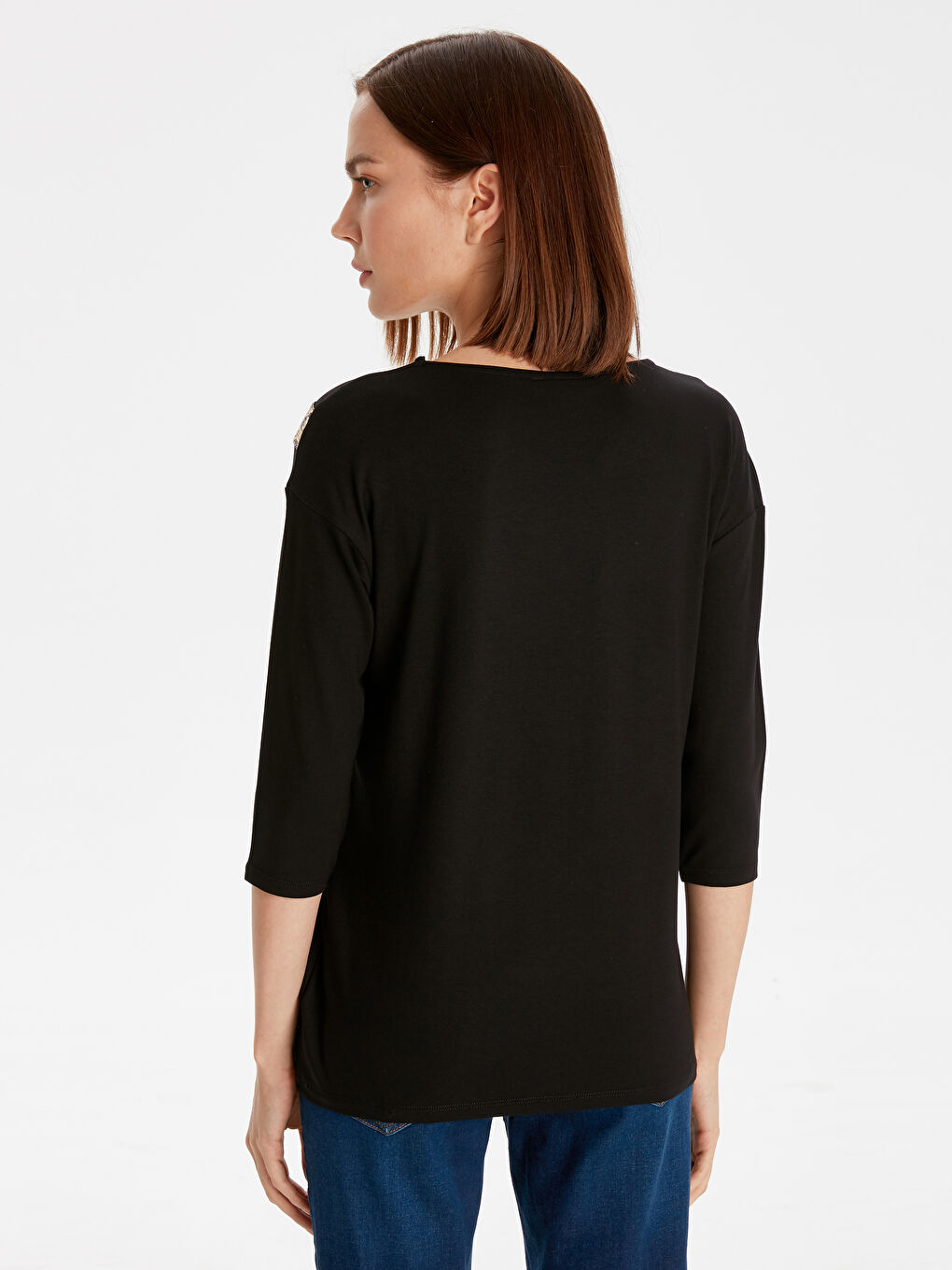 Siyah Bisiklet Yaka Kadın Tişört-2