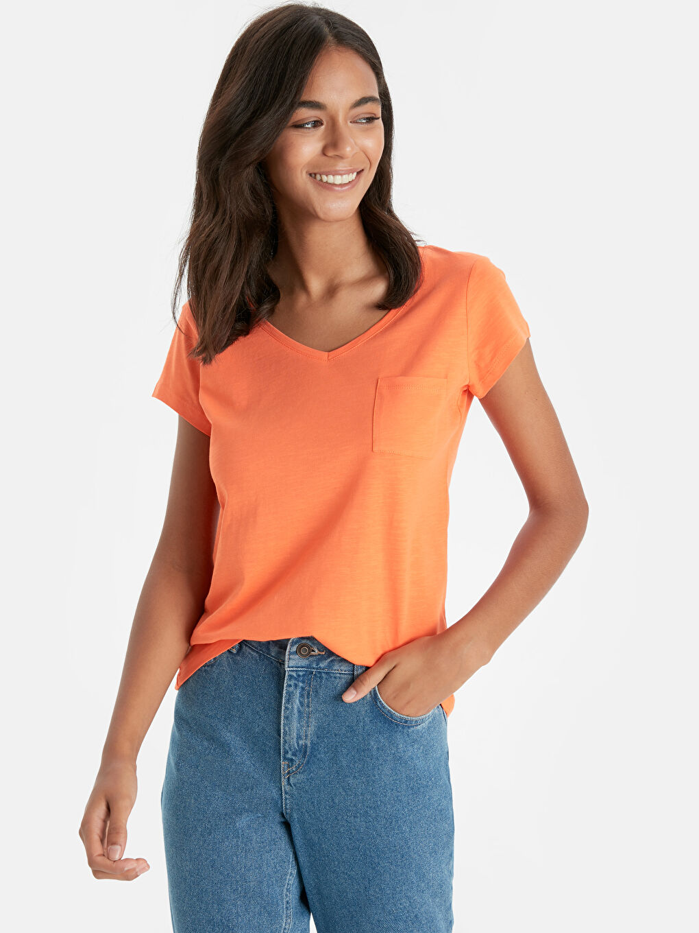 Turuncu V  Yaka Düz Kısa Kollu Pamuklu Kadın Tişört