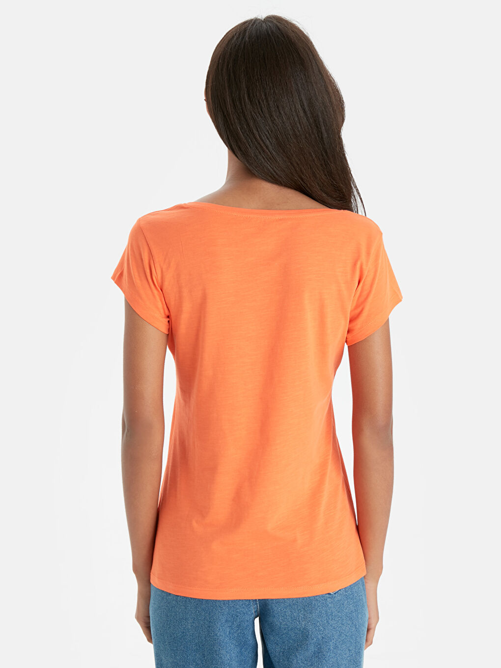 Turuncu V  Yaka Düz Kısa Kollu Pamuklu Kadın Tişört-2