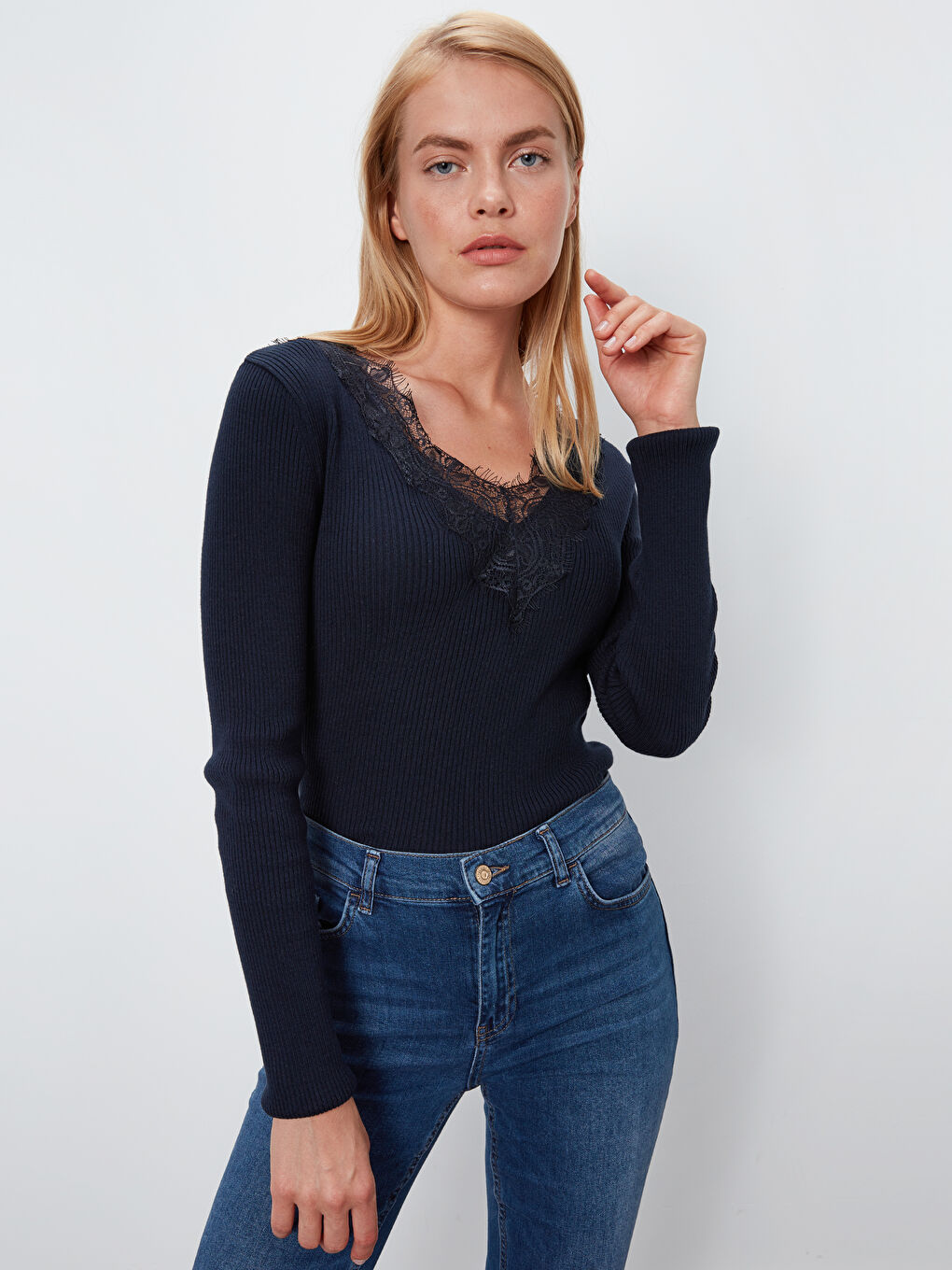 Женщины Синий Свитер-1