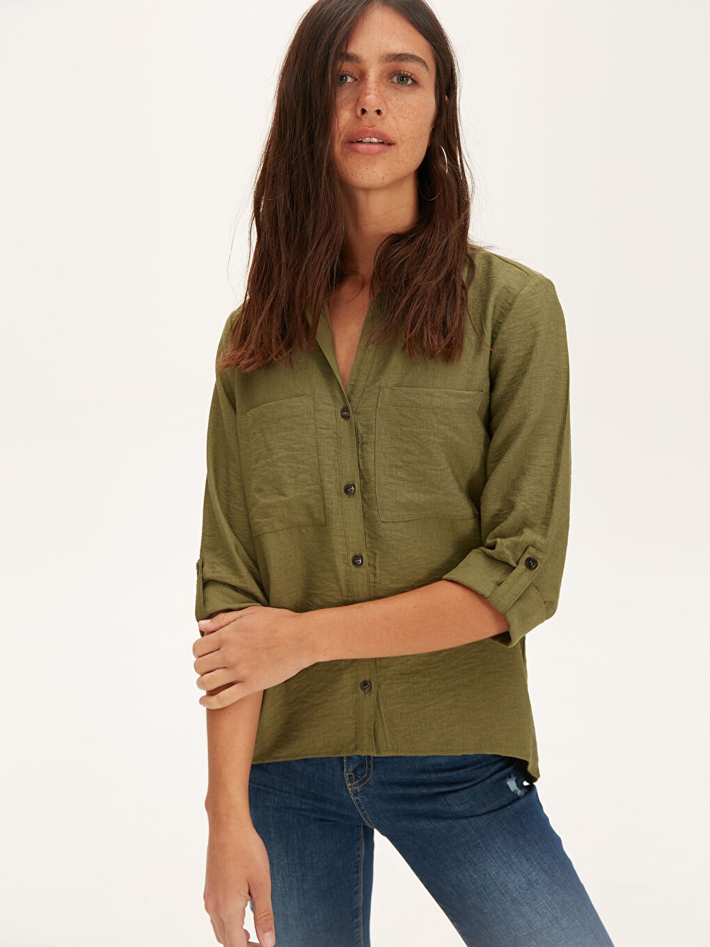 Yeşil Gömlek Yaka Standart Fit Uzun Kollu Kadın Gömlek-1