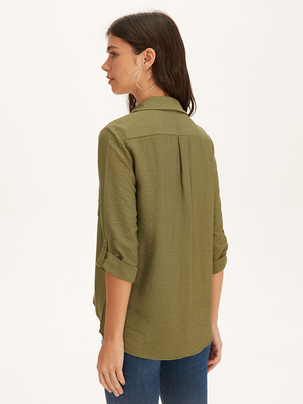 Yeşil Gömlek Yaka Standart Fit Uzun Kollu Kadın Gömlek-2