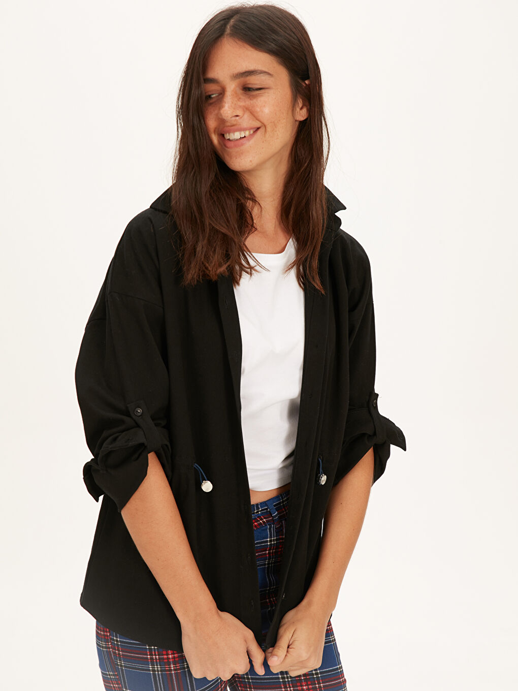 Cotton Drawstring waist Women's Long Sleeve Shirt