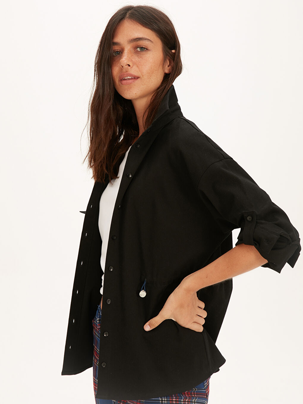 Cotton Drawstring waist Women's Long Sleeve Shirt-1