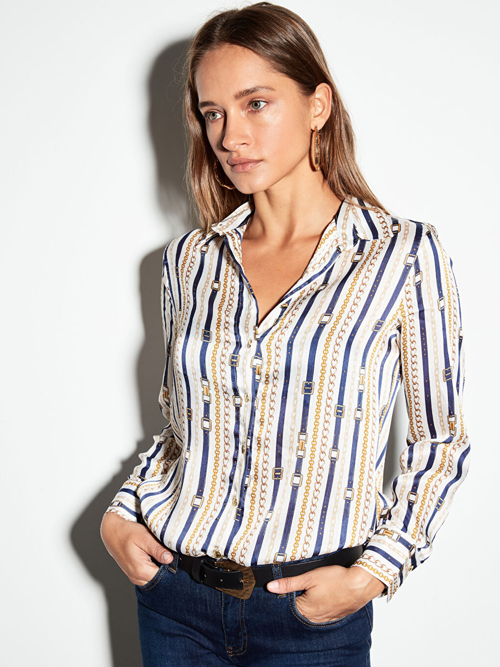 Ekru Baskılı Gömlek-1