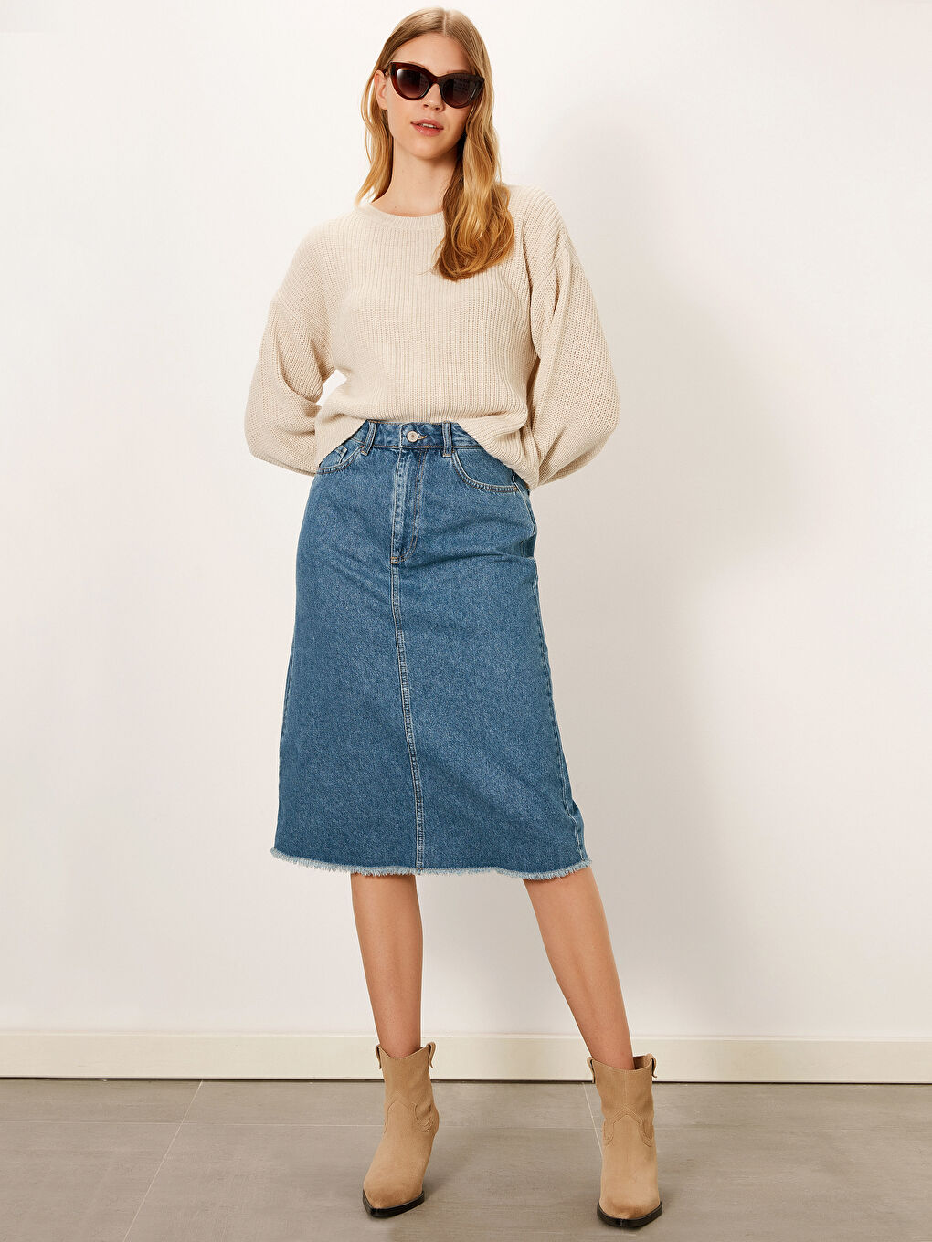 İndigo Standart Fit Kadın Jean Etek-1