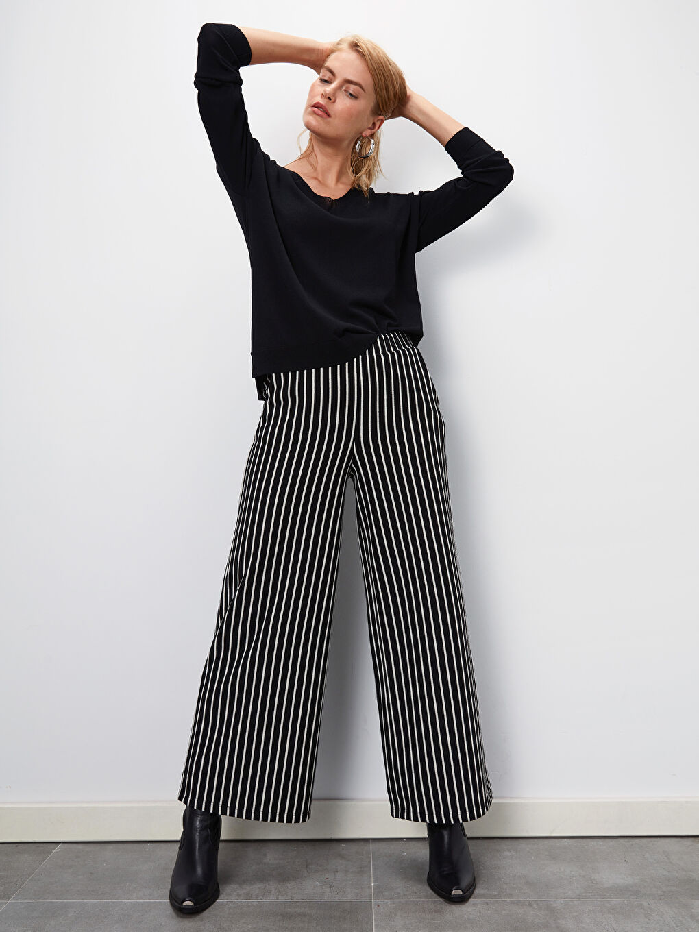 Siyah Çizgili Palazzo Kadın Pantolon