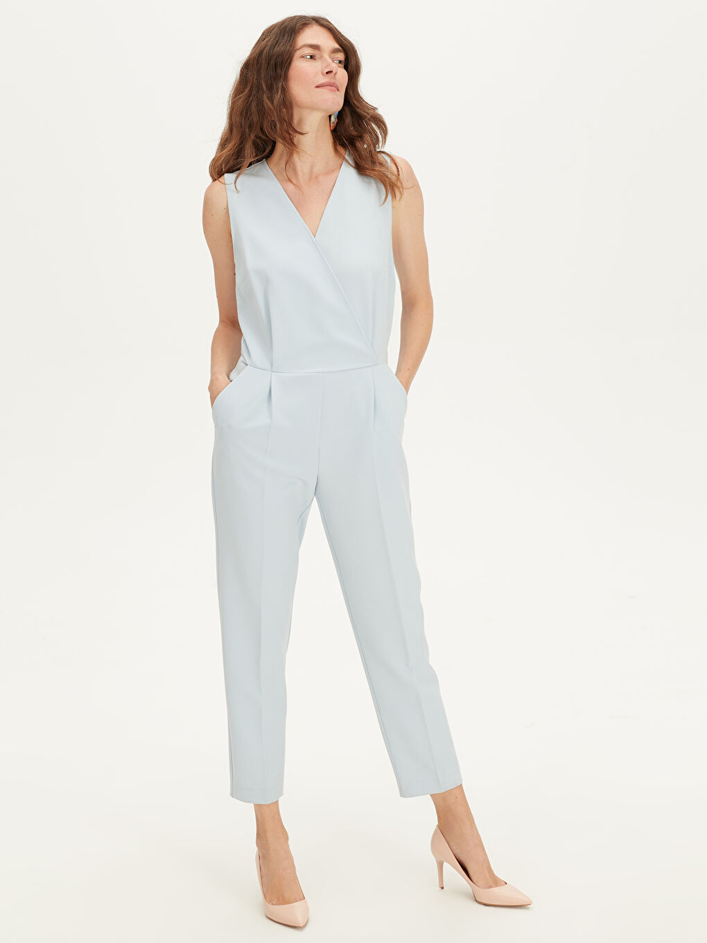 Mavi Kadın Kruvaze Kolsuz Tulum