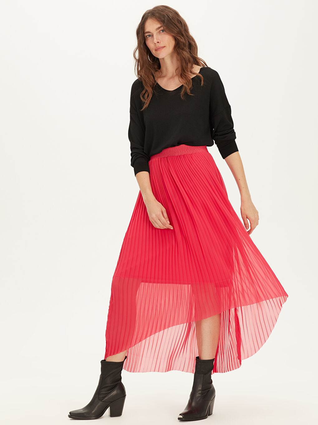 Fuşya Standart Fit Şifon Kadın Etek-1