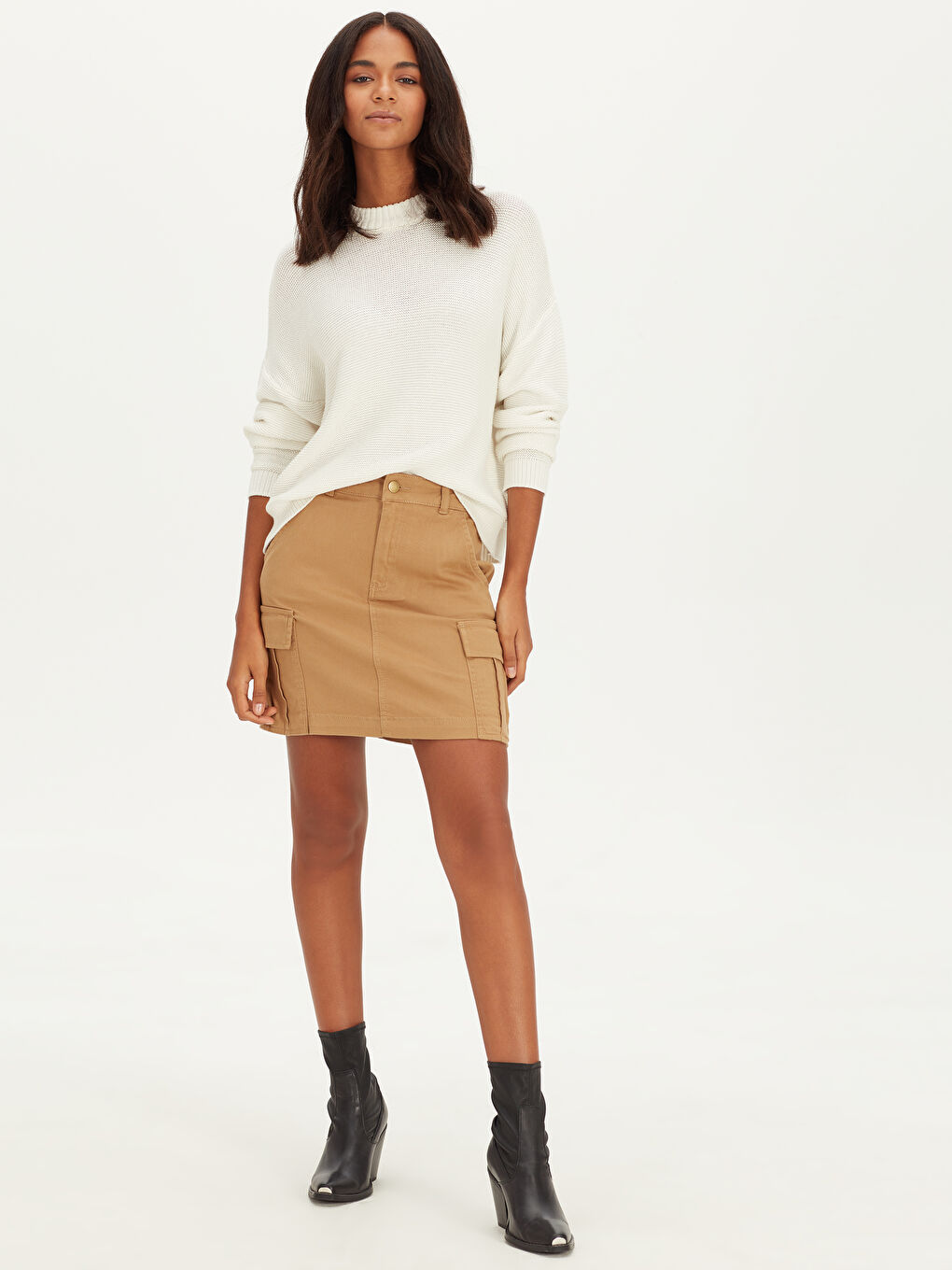 Bej Cepli Gabardin Mini Kadın Etek-1