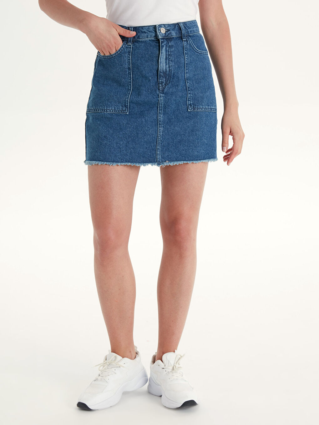 İndigo Standart Fit Cep Detaylı Kadın Jean Etek-2