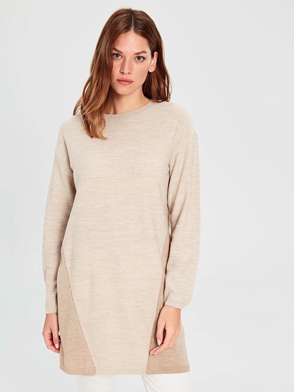 Bej Bisiklet Yaka Kadın Tunik-1