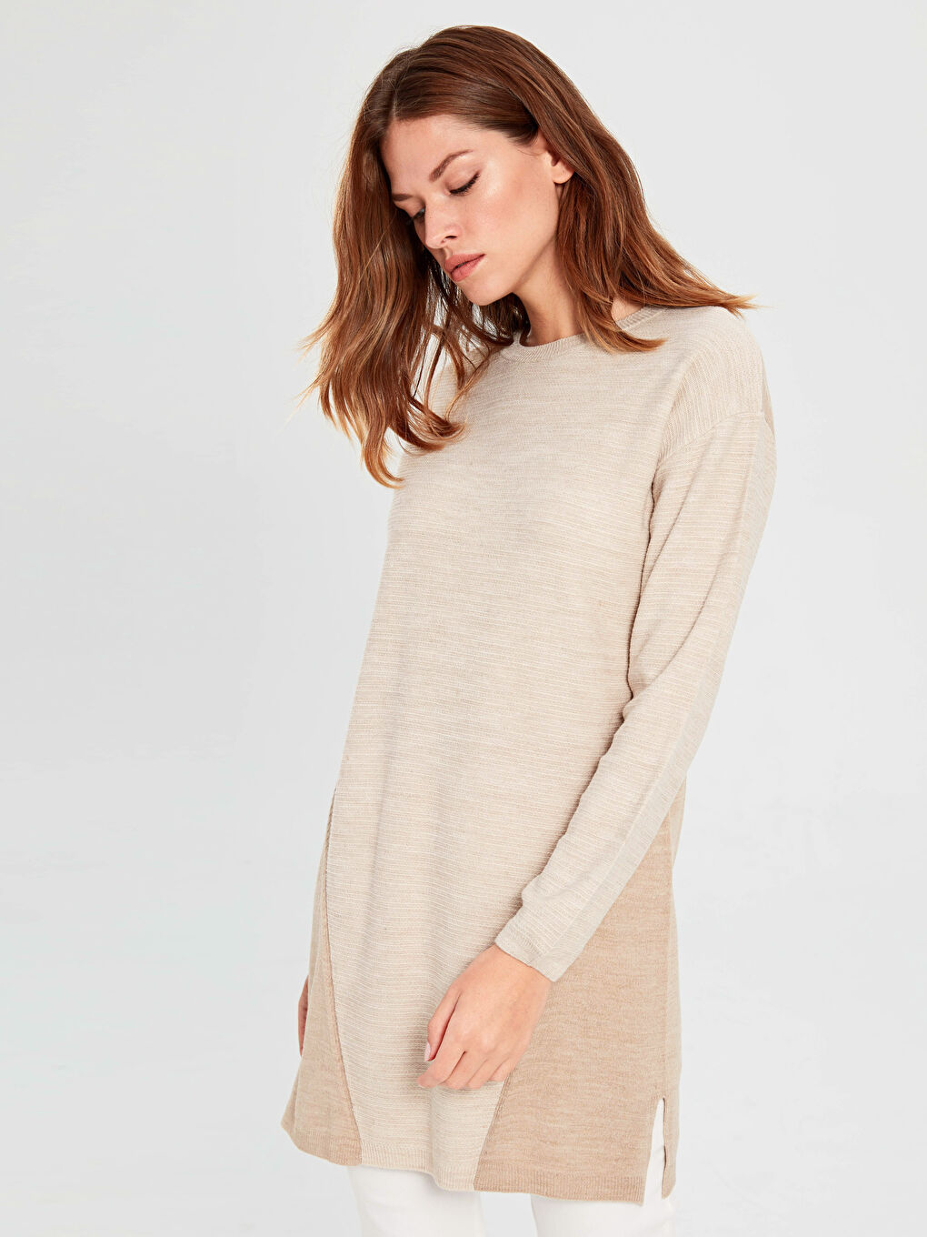 Bej Bisiklet Yaka Kadın Tunik-2