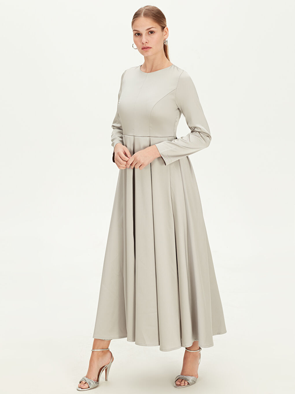 Gri Kadın Bisiklet Yaka Uzun Kollu Düz Elbise-2