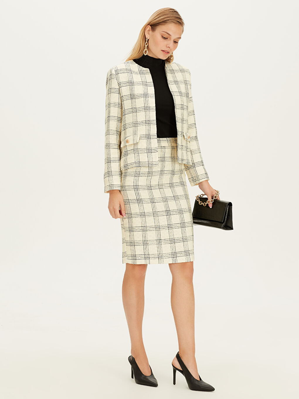 Ekru Yüksek Bel Ekose Tüvit Kumaş Kadın Kalem Etek