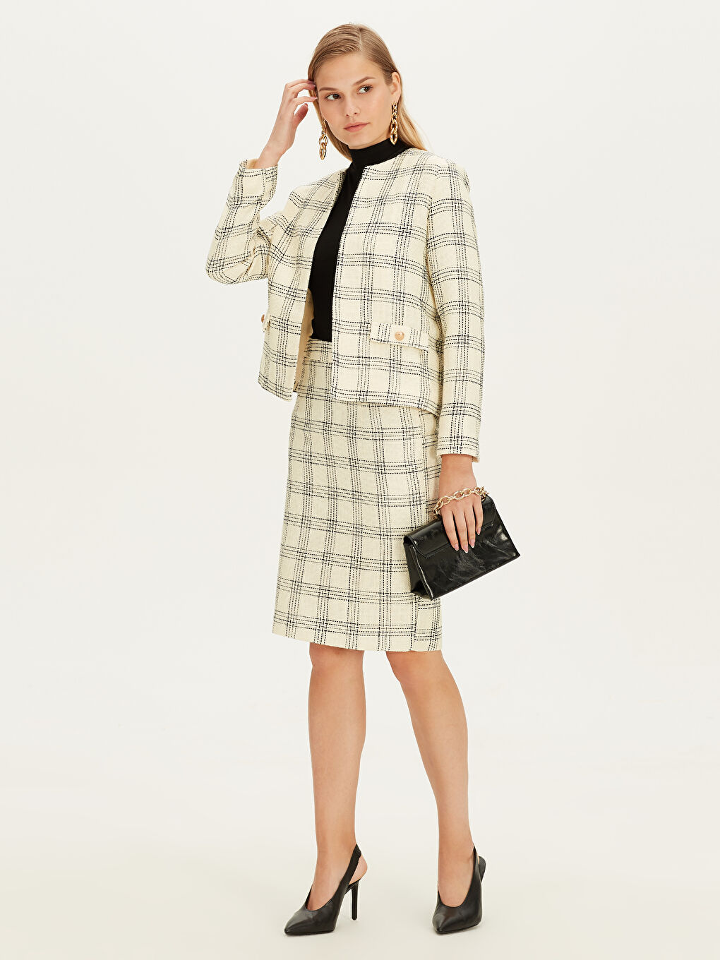 Ekru Yüksek Bel Ekose Tüvit Kumaş Kadın Kalem Etek-1