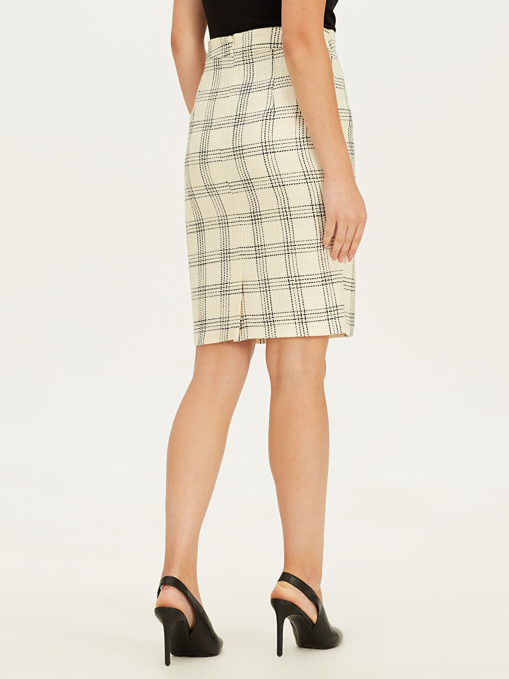 Ekru Yüksek Bel Ekose Tüvit Kumaş Kadın Kalem Etek-3