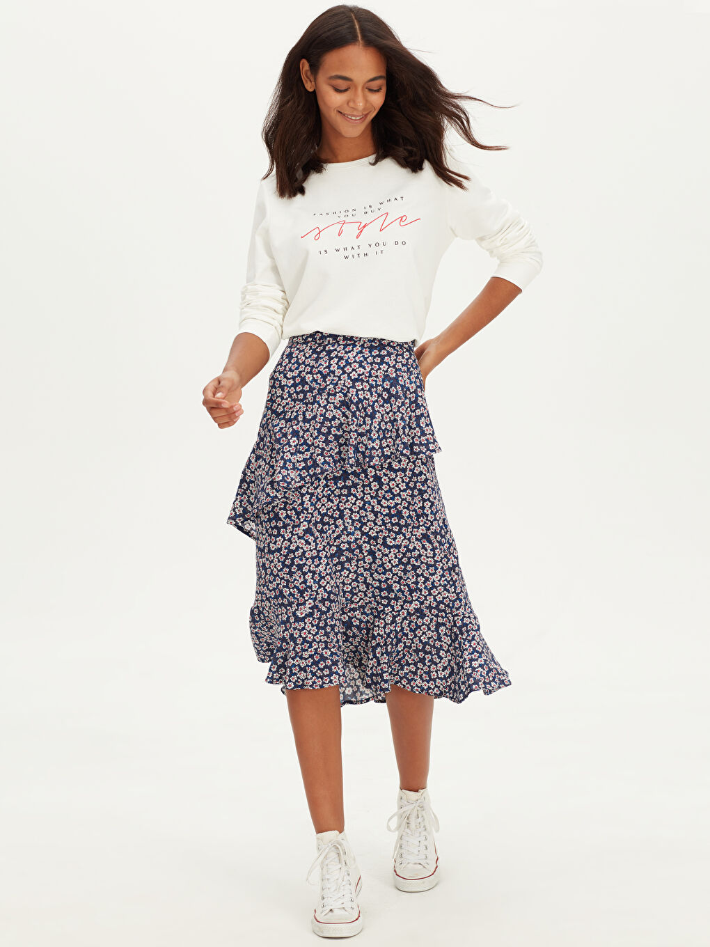 Ruffle Detailed Patterned Women's Skirt-1