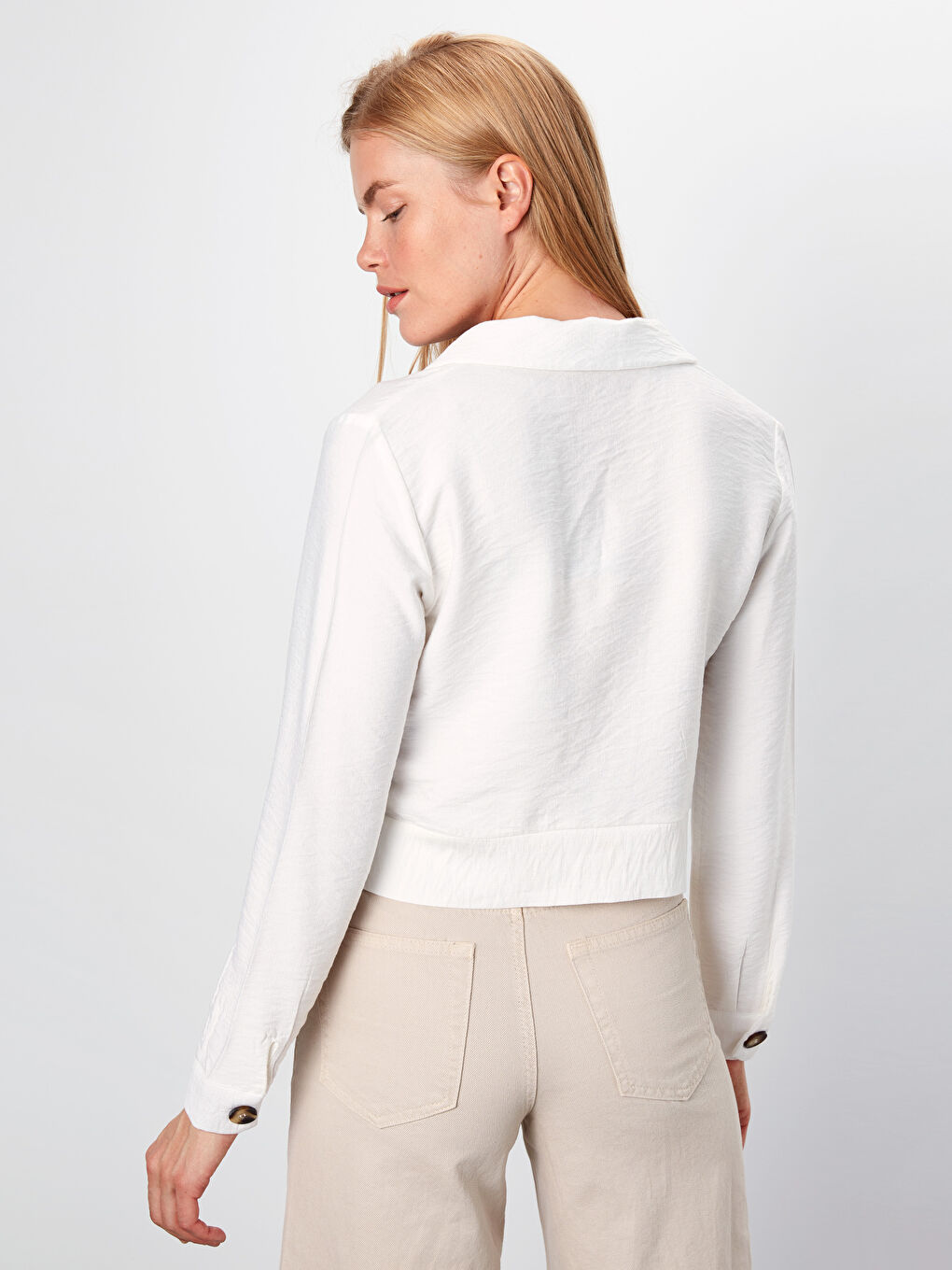 Ekru Önden Bağlamalı Uzun Kollu Kadın Düz Gömlek-2