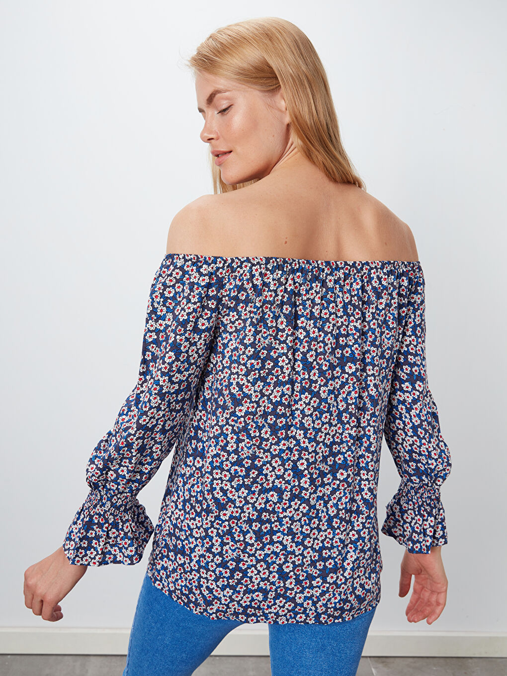 Boat Neck Patterned Long Sleeve Women's Blouse-2