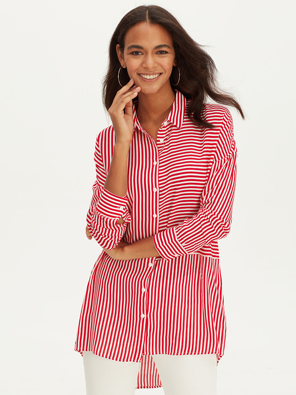 Kırmızı Çizgili Uzun Kollu Viskon Kadın Gömlek Tunik-1