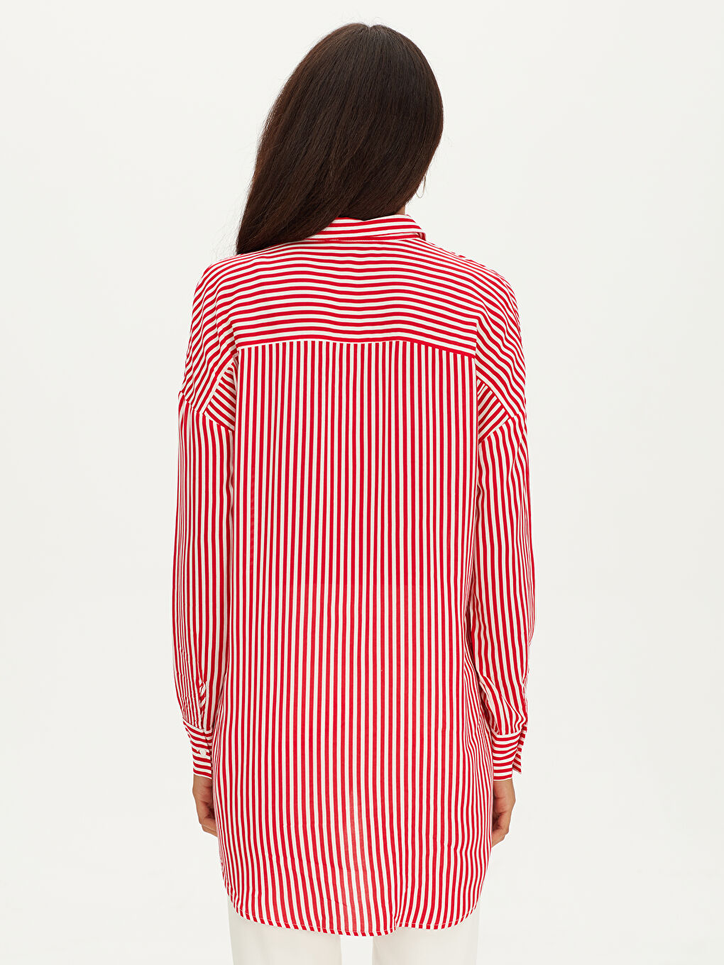 Kırmızı Çizgili Uzun Kollu Viskon Kadın Gömlek Tunik-2