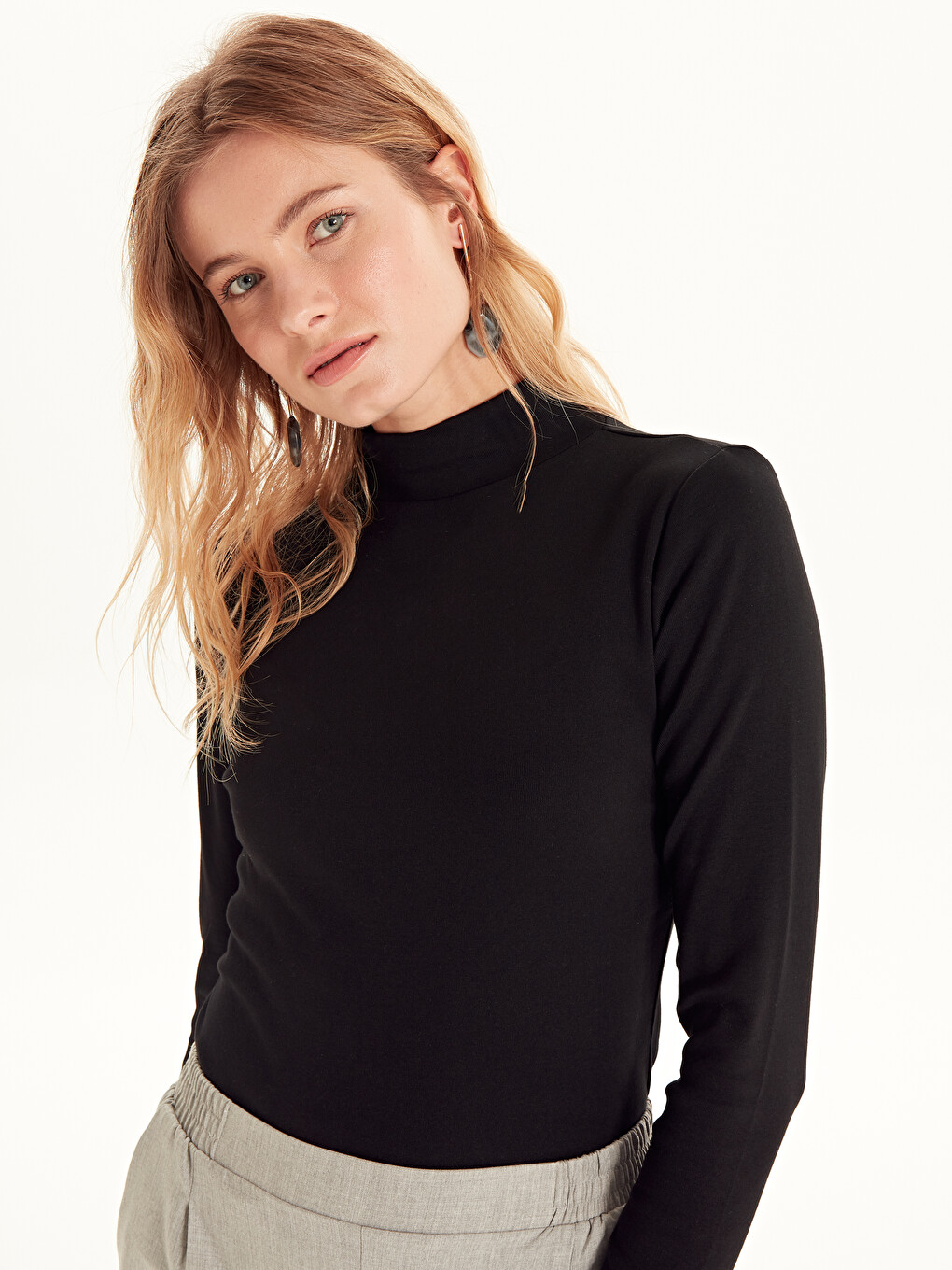 T-shirt à manches longues uni à col cheminée pour Femmes