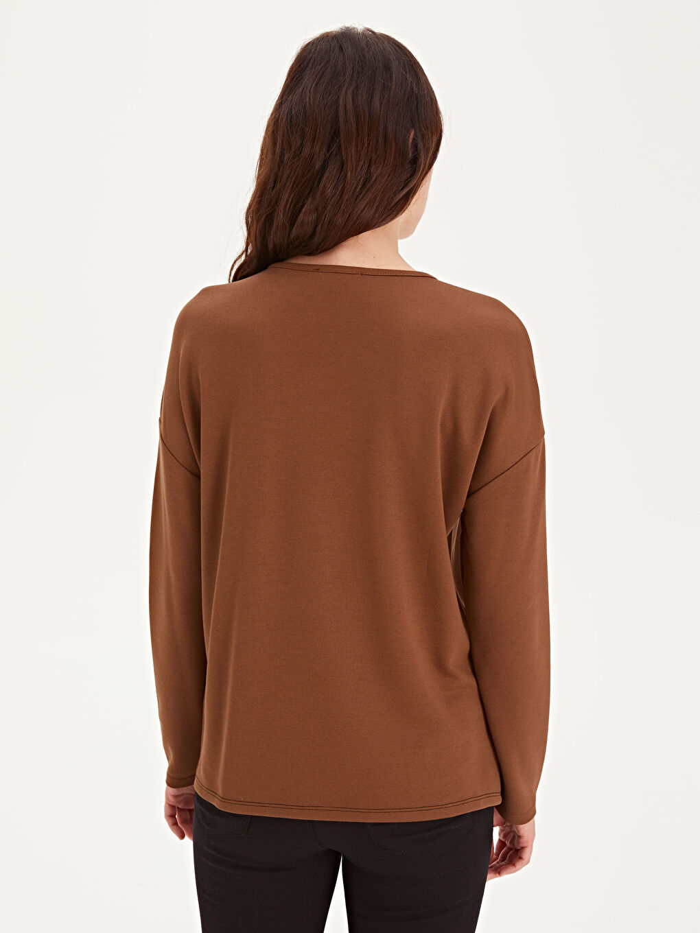 Kahverengi Bisiklet Yaka Uzun Kollu Kadın Tişört-2