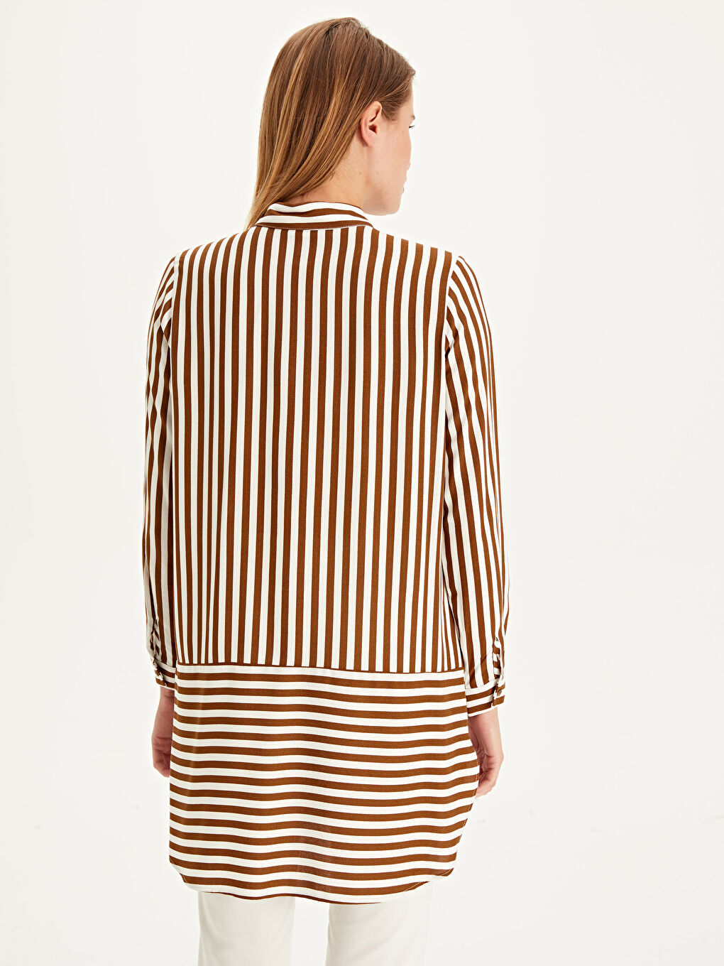 Kahverengi Çizgili Viskon Uzun Kollu Kadın Tunik-1