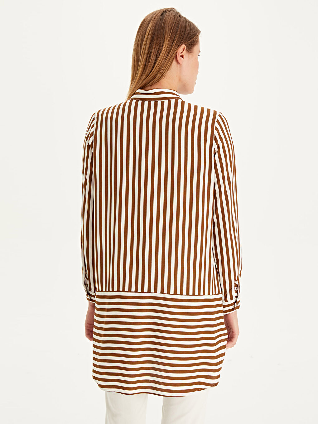 Kahverengi Çizgili Viskon Uzun Kollu Kadın Tunik-2