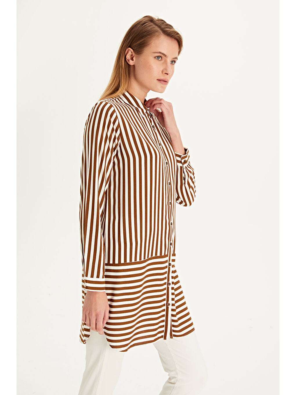 Kahverengi Çizgili Viskon Uzun Kollu Kadın Tunik-3