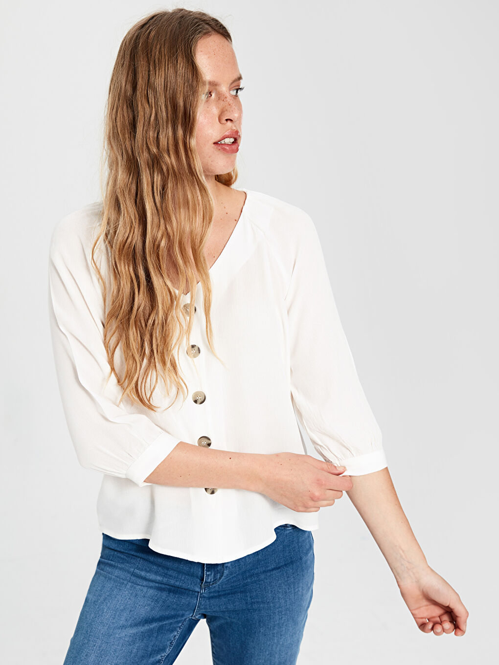 U-Neck Standard Fit Short Sleeve Women's Blouse-1