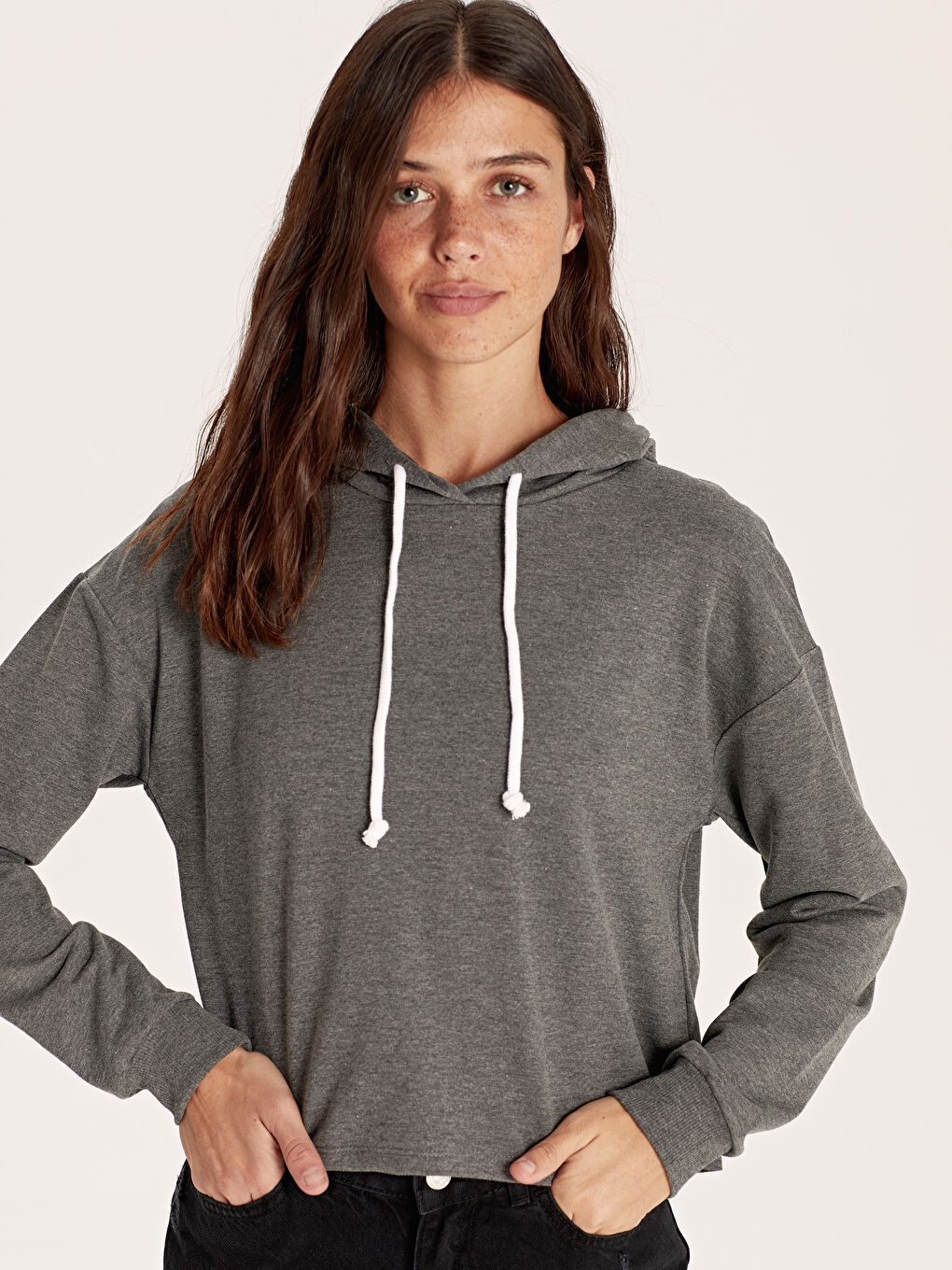 Antrasit Kapüşonlu Sweatshirt Kumaşı Kadın Sweatshirt