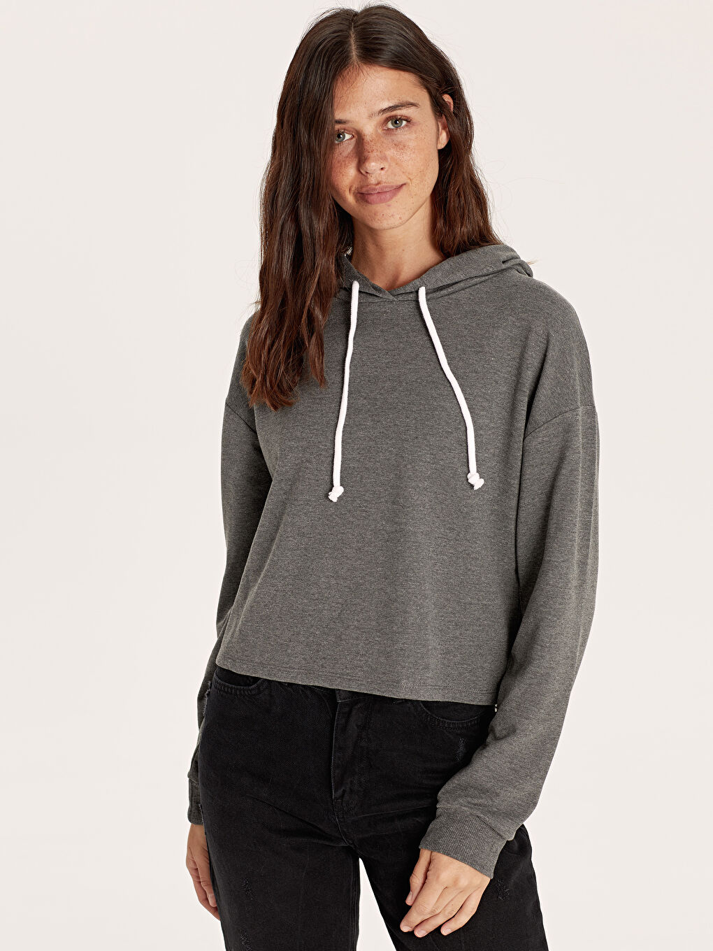 Antrasit Kapüşonlu Sweatshirt Kumaşı Kadın Sweatshirt-1