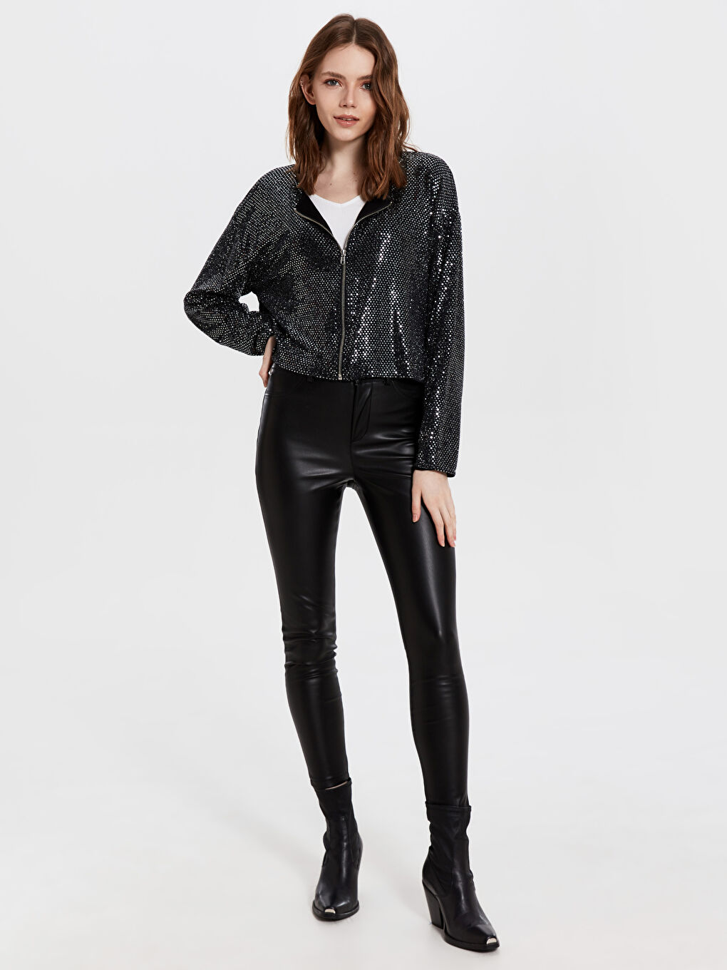 Gri Işıltılı Kapüşon Yaka Fermuarlı Hırka-2