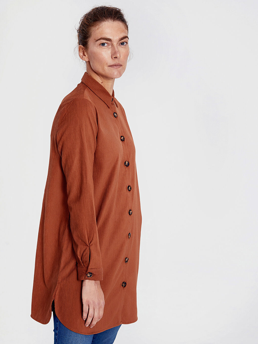Kahverengi Gömlek Yaka Düz Uzun Kollu Kadife Kadın Tunik-1