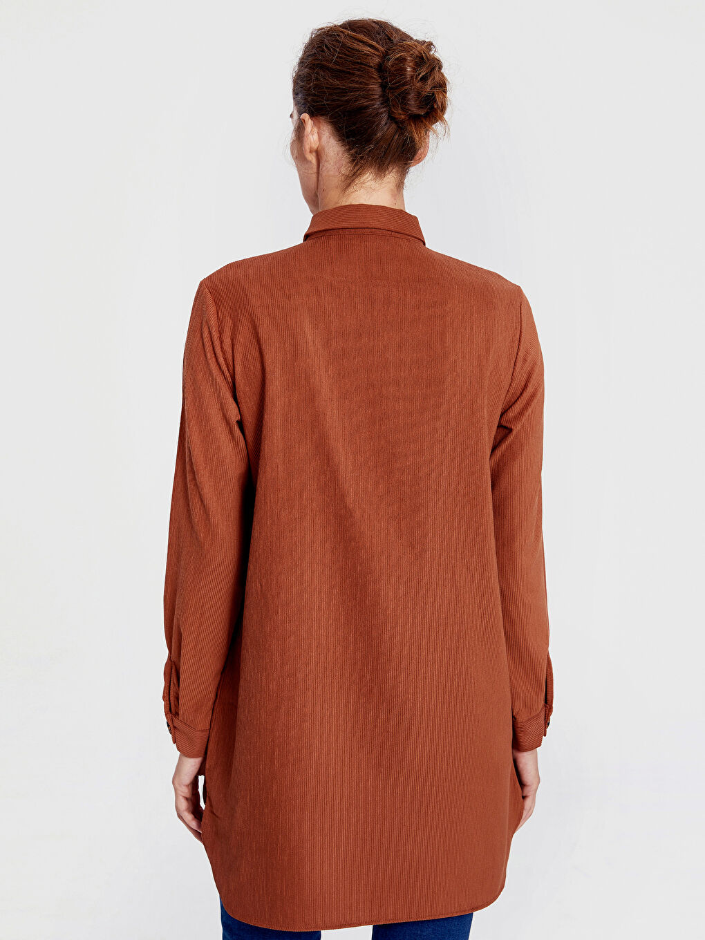 Kahverengi Gömlek Yaka Düz Uzun Kollu Kadife Kadın Tunik-2