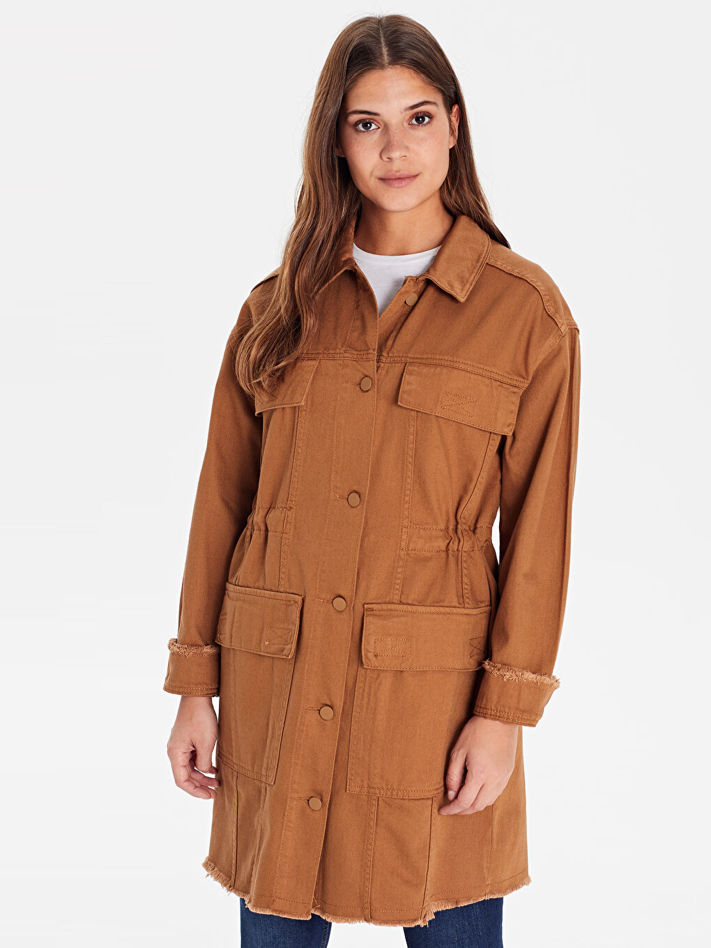 Kahverengi Ceket Yaka Düğme Kapamalı Kadın Mont-1