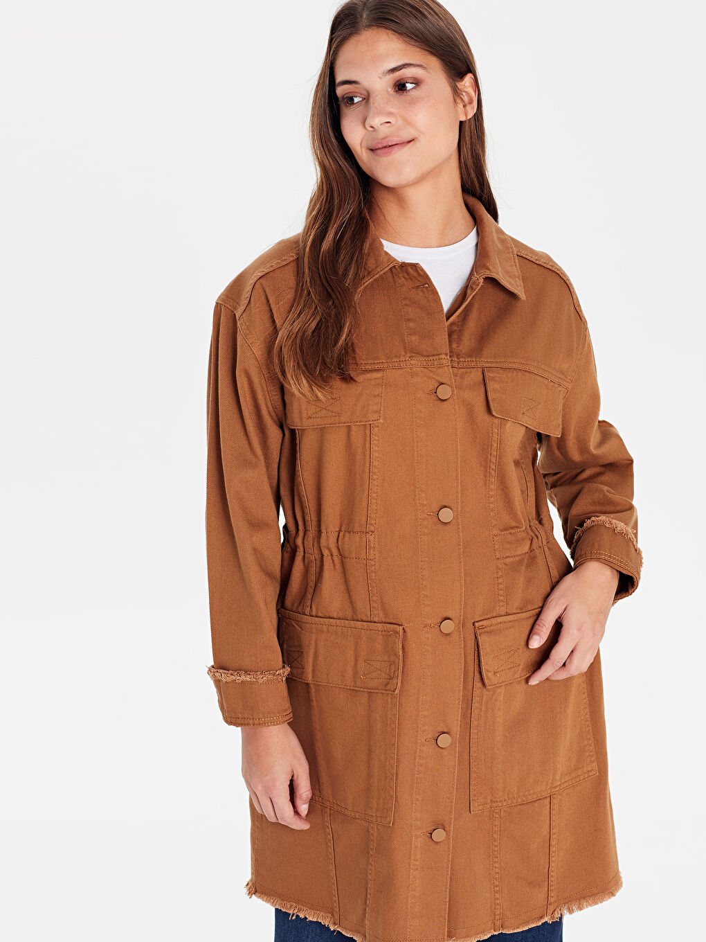 Kahverengi Ceket Yaka Düğme Kapamalı Kadın Mont-2