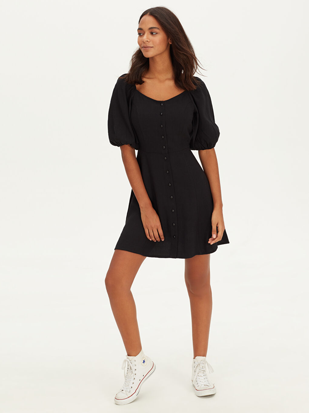 Siyah U Yaka Kadın Gömlek Elbise-1