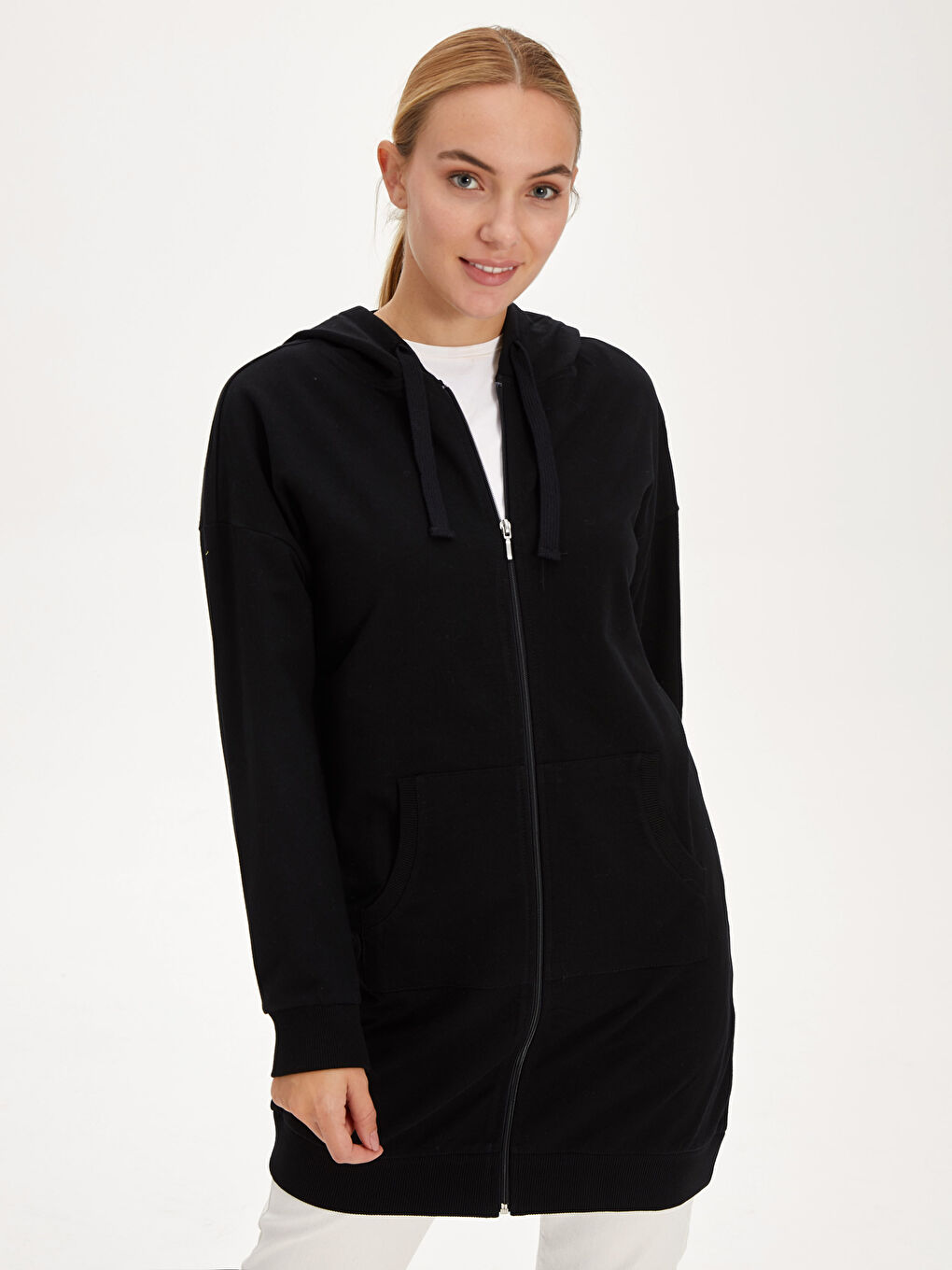 Siyah Oversize Sweatshirt Kumaşı Kadın Spor Hırka